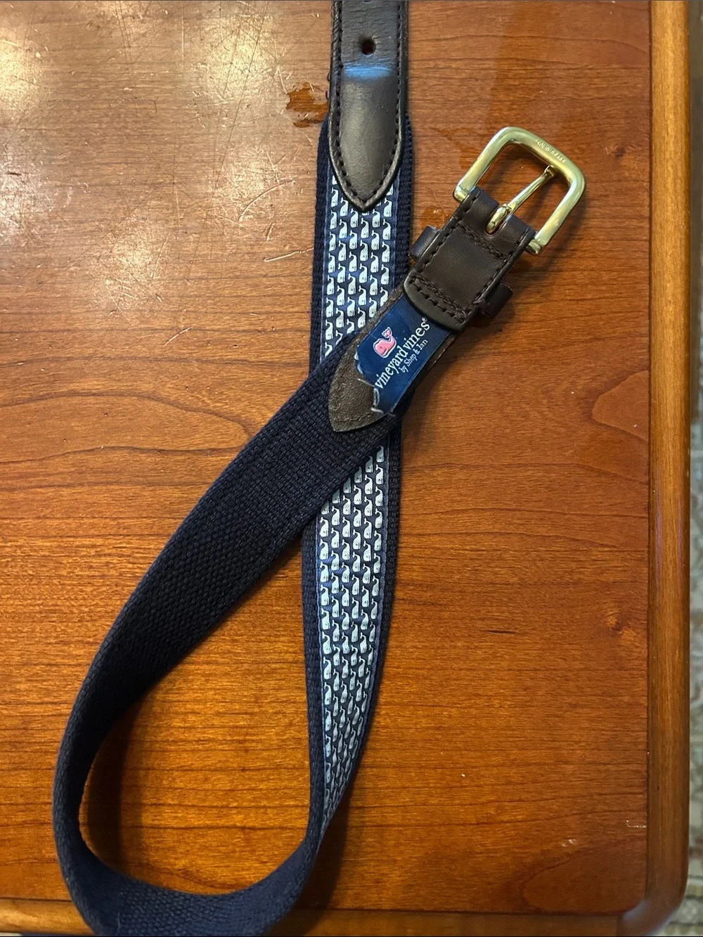 Vineyard Vines Navy Whale-Print Webbing Belt with Brown Leather Trim